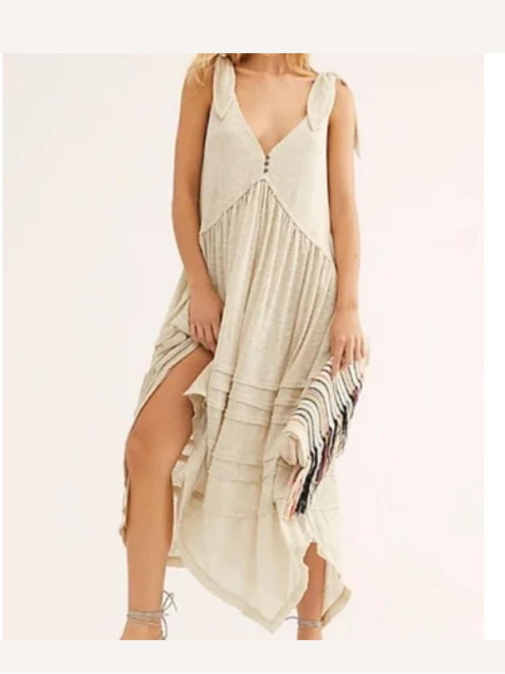 Free People Beach Boho Tie-Shoulder Cream Maxi Dress
